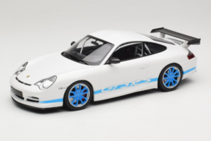 Porsche 911 996 GT3 RS Bela Modre Črte Minichamps 1:18 155062021 Kovina