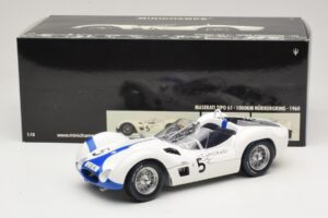 Maserati Tipo 61 #5 S. Moss / D. Gurney Camoradi ADAC 1000km Nurburgring Winner 1960 Minichamps 1:18 100601205 Kovina – slika 8 od 8
